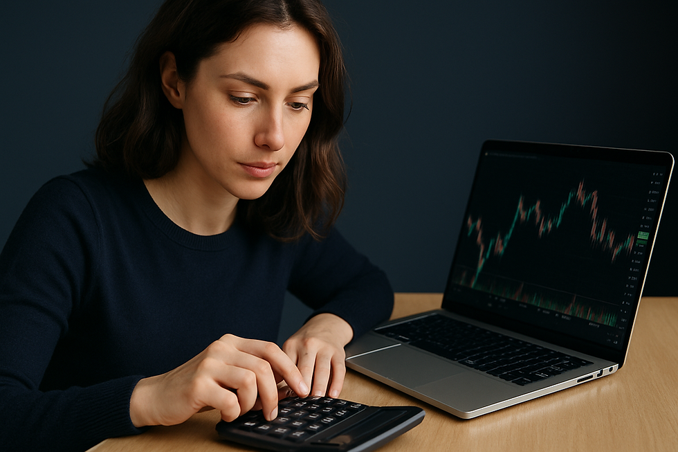 vrouw achter laptop met rekenmachine